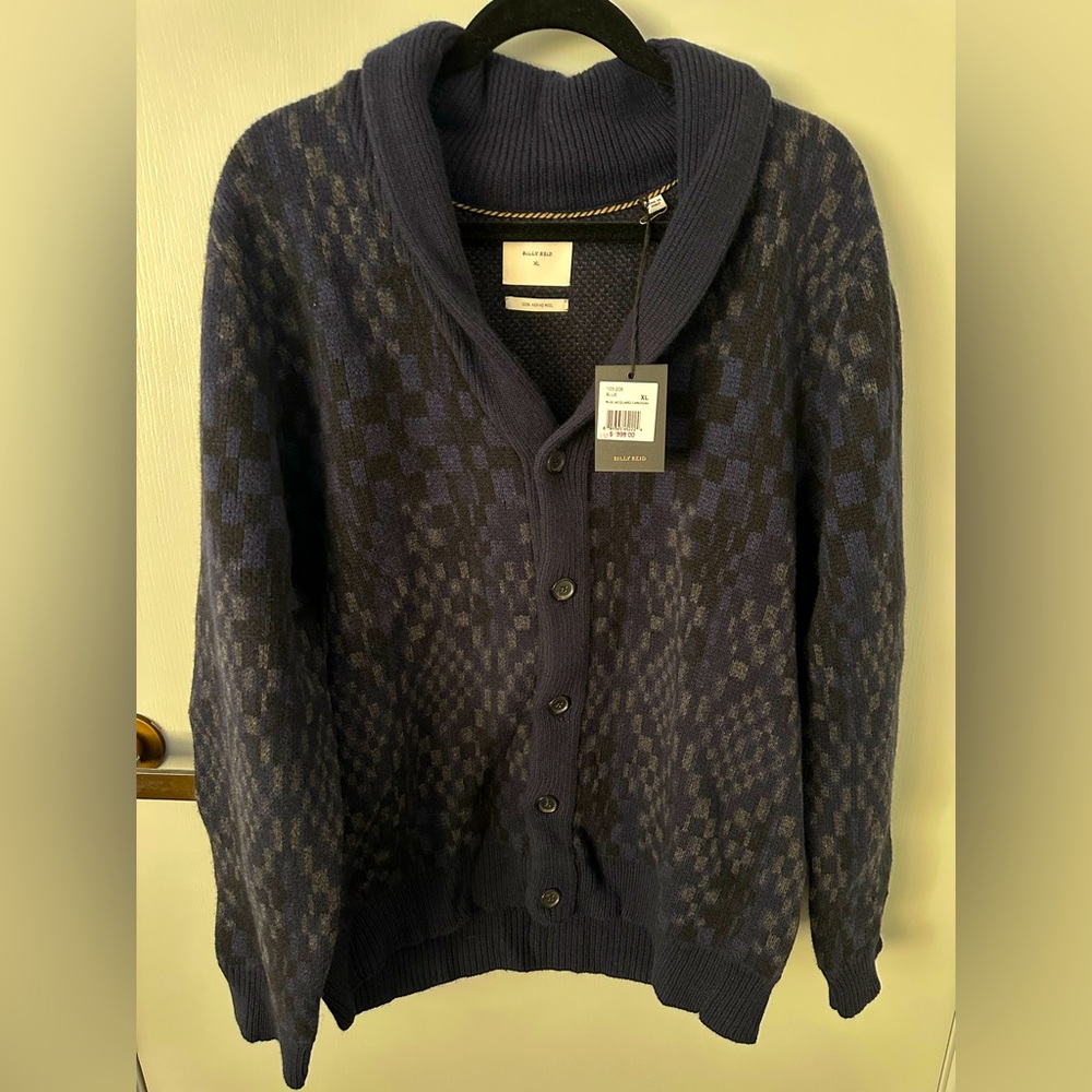 Billy Reid Blue Rug Jacquard Cardigan Size XL Brand New